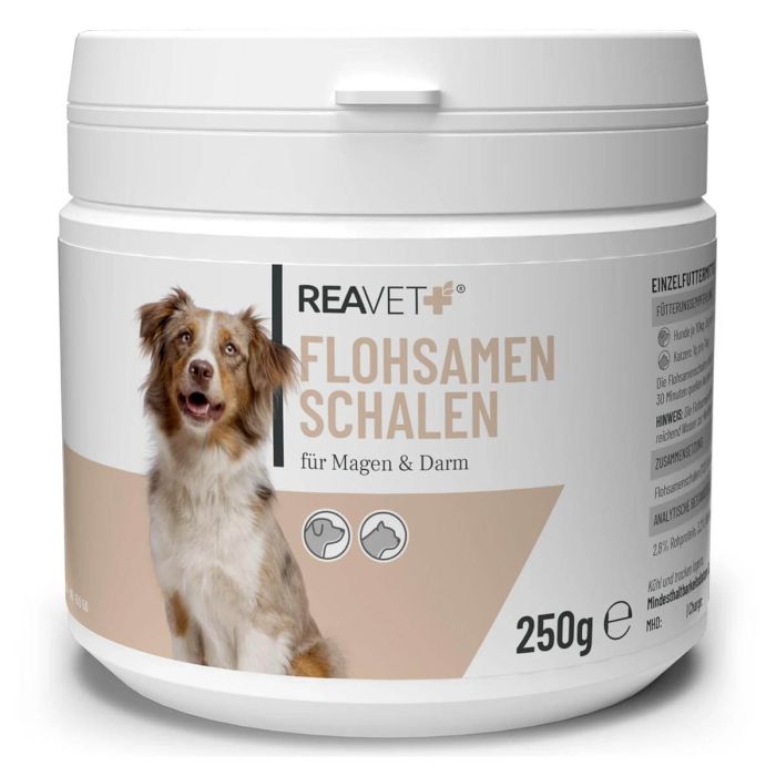 Voor een gezonde darmfunctie bij hond & kat ✔️ Psyllium vlozaadschillen 250g – ondersteunt de spijsvertering & darmgezondheid ➤ ReaVET Online-Shop