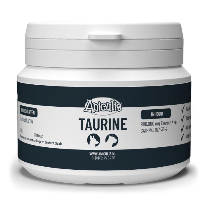 Taurine voor je hond of kat van Aniculis ✔️ Goed voor de hartfunctie van honden en katten ✔️ Ondersteunt het hart en de bloedvaten ✔️ Zonder kunstmatige toevoegingen ✔️ Bestel op www.reavet.nl