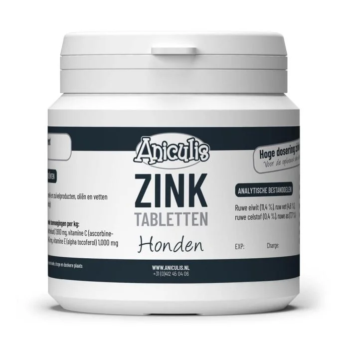 Zinktabletten voor honden van Aniculis ✔️ Voor de opbouw van een vitale vacht en huid ✔️ Hoge dosering Zink en Vitamine C en E ✔️ Bij de rui en jeuk van je hond ➤ Bestel direct op www.aniculis.nl