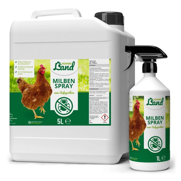 Milbenbefall bei Deinen Hühnern? ✔️ Sparverpackung - 5 L Kanister & 1 L Sprühflasche ✔️ Milben-Spray Repellent zur Unterstützung der Abwehr von Milben und Parasiten ✔️ Online bei Hoezo-Kado